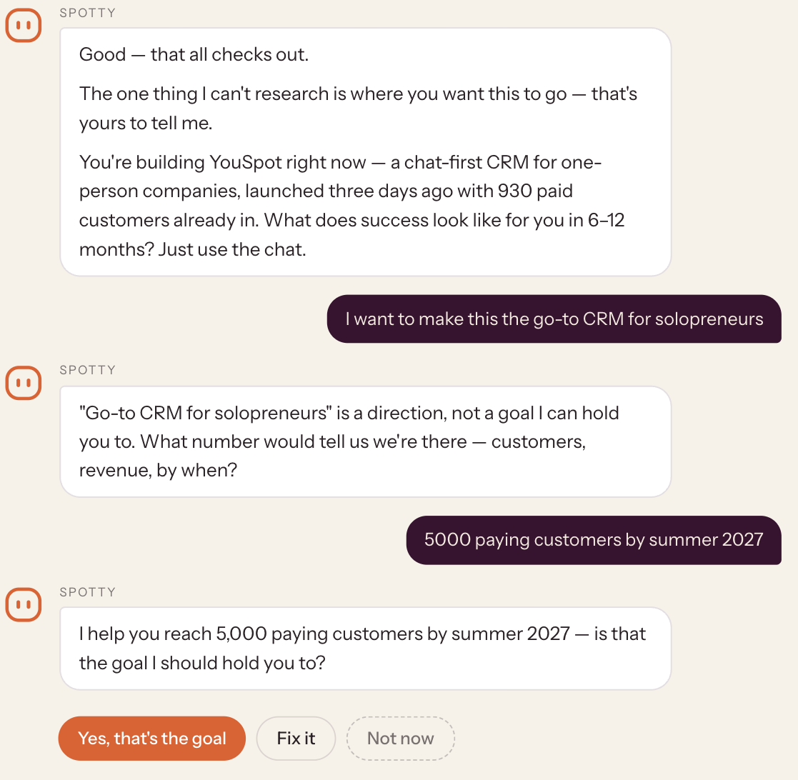 Spotty: a direction, not a goal I can hold you to. Answer: 5000 paying customers by summer 2027.