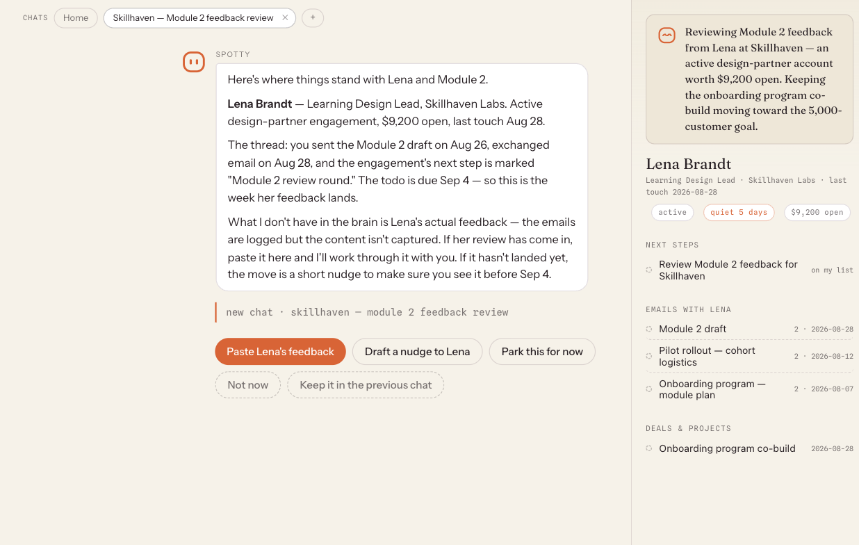 Spotty gives the new task its own chat; the right panel fills with what that job needs.